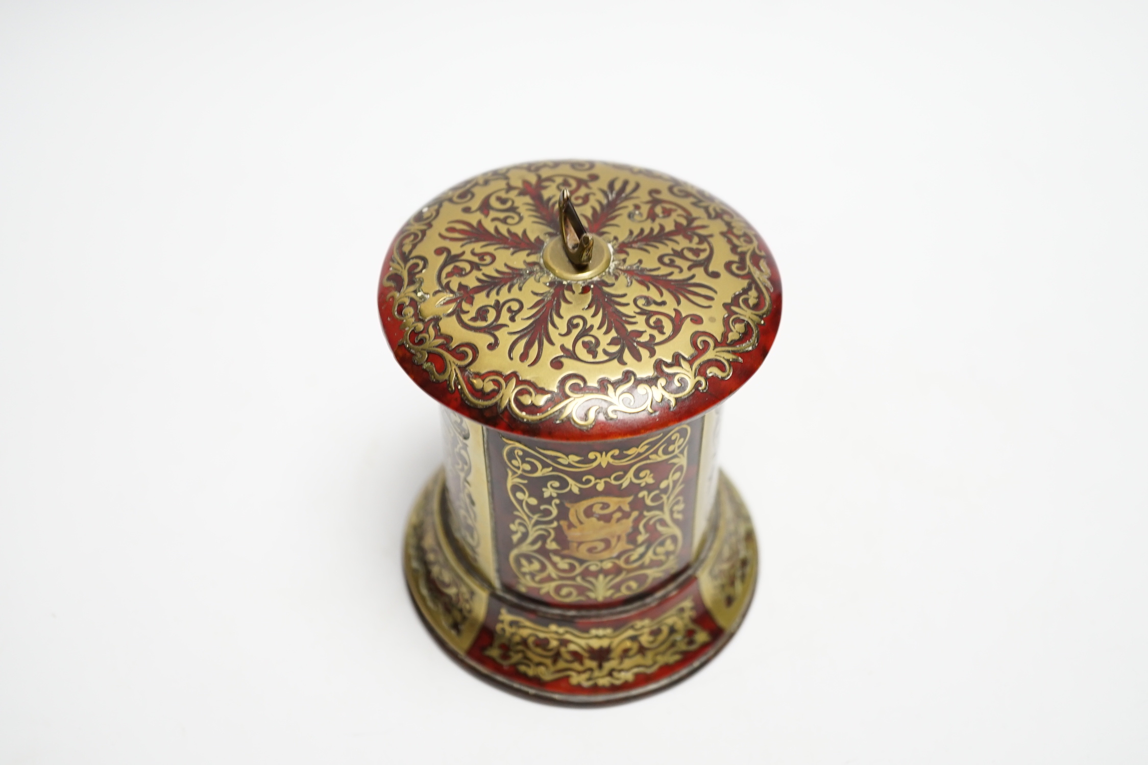 A 19th century French Boulle work cylindrical string box and cover, 12cm high